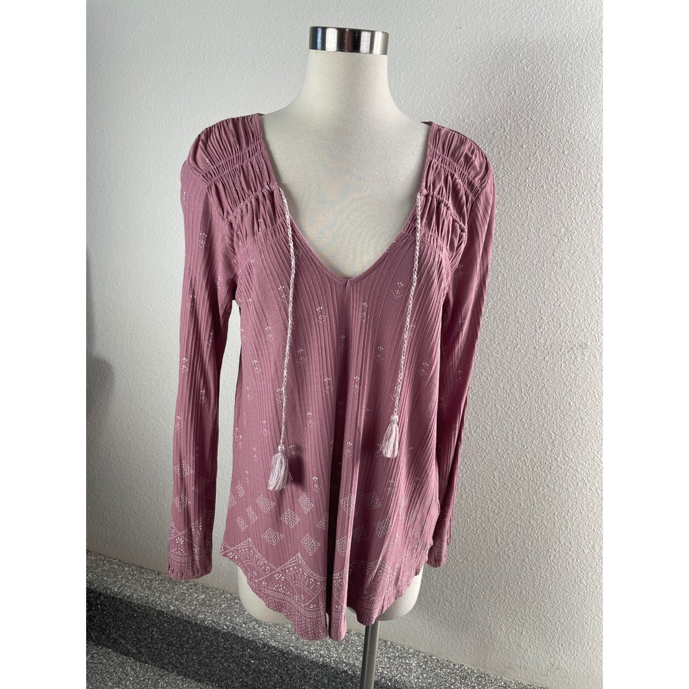 Lucky Brand Womens Large Mauve Ribbed Boho Tassel V Neck Long Sleeve Top Shirt